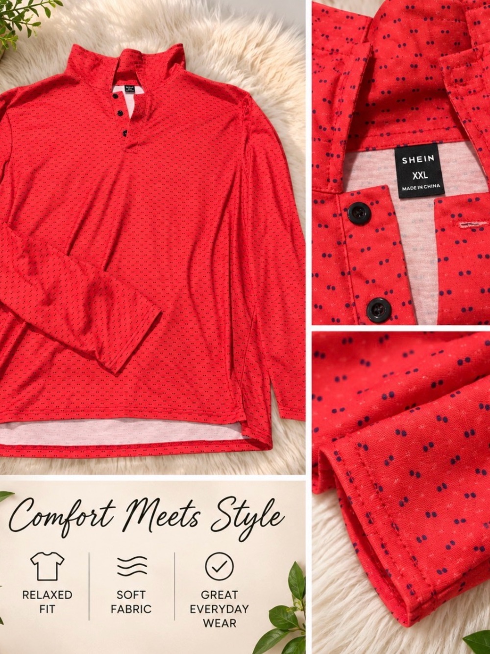SHEIN Red Long-Sleeve Polo with Navy Dot Print